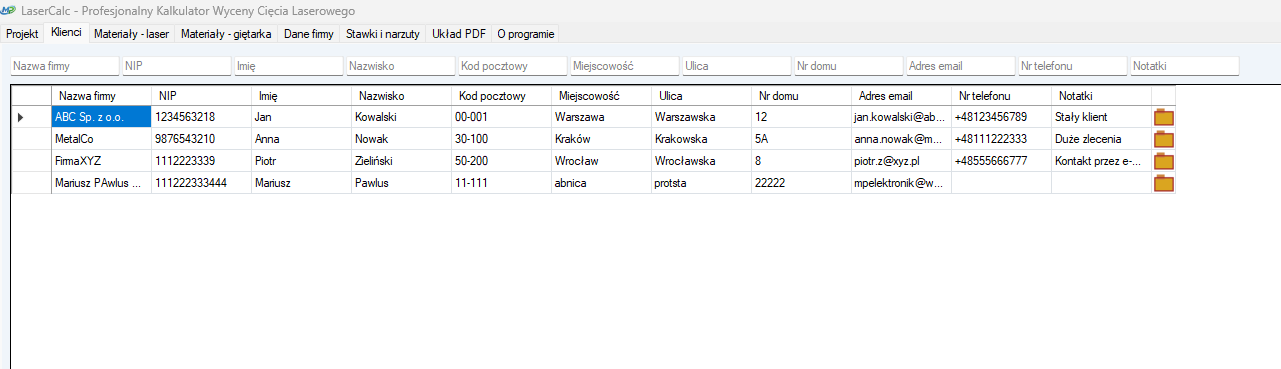 Program do wyceny gięcia blach – karta klientów z bazą danych