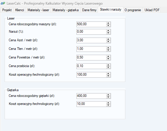 Kalkulacja cięcia laserowego – stawki i narzuty w LaserCalc