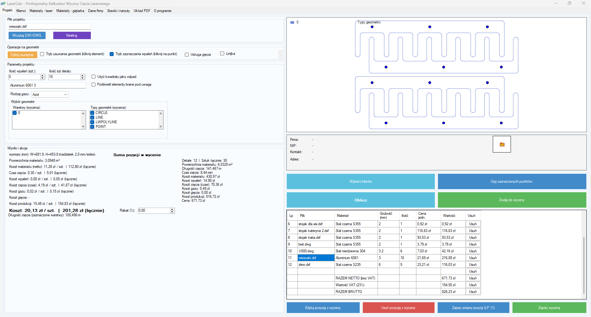 Kalkulator cięcia laserem LaserCalc – widok projektu z wyceną detalu