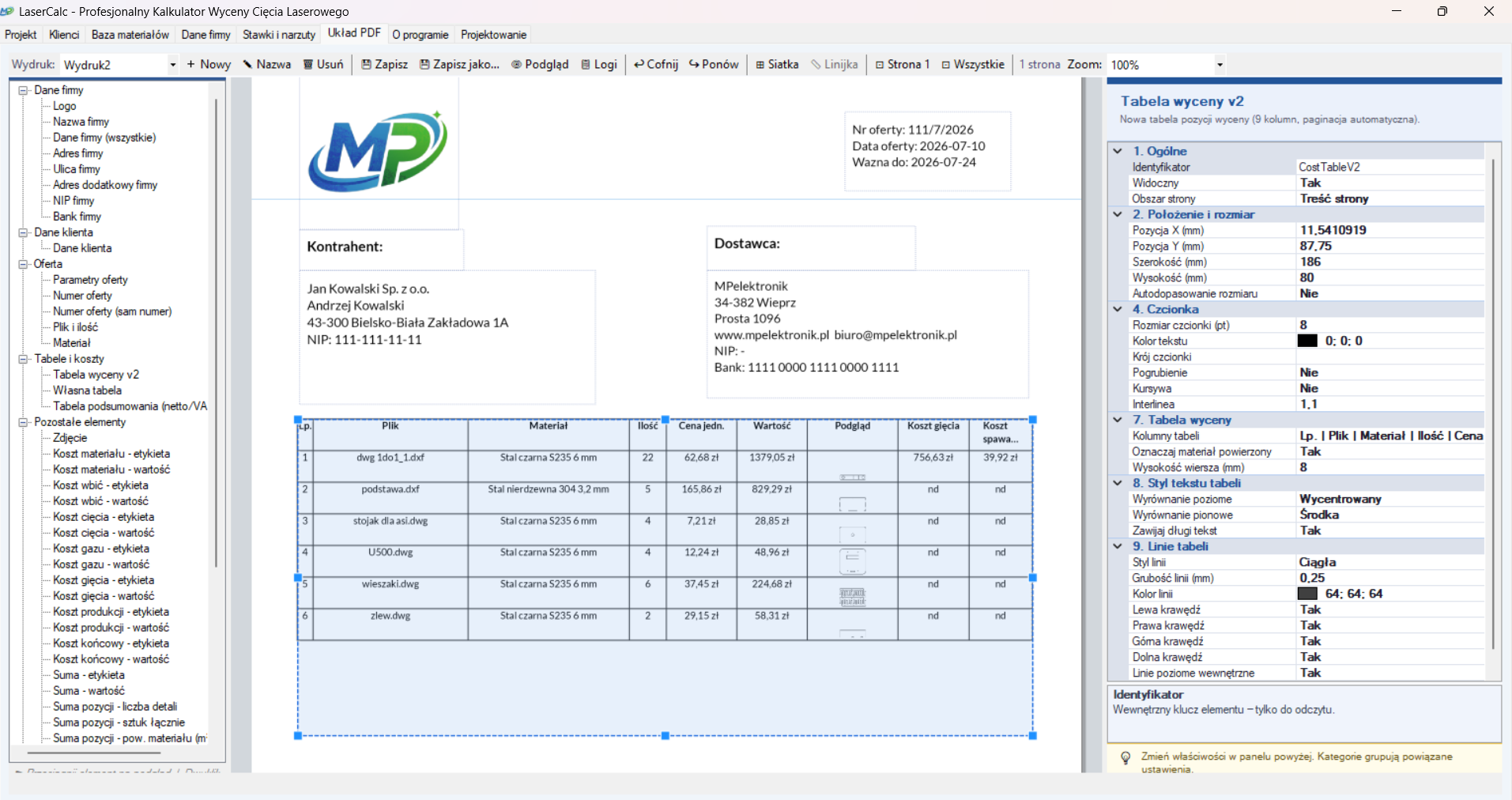 Wizualny edytor układu oferty PDF w LaserCalc