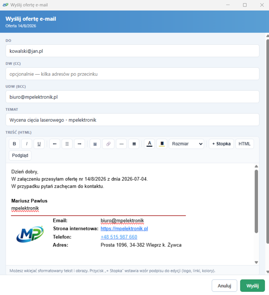 Okno wysyłki oferty e-mail z treścią HTML i stopką w LaserCalc