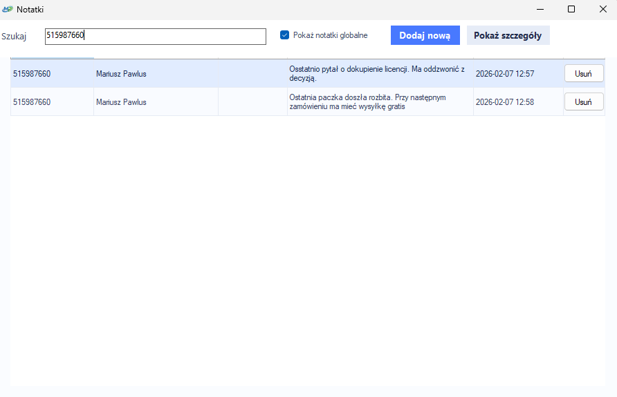 Moduł notatek MP Weryfikator — identyfikacja dzwoniącego