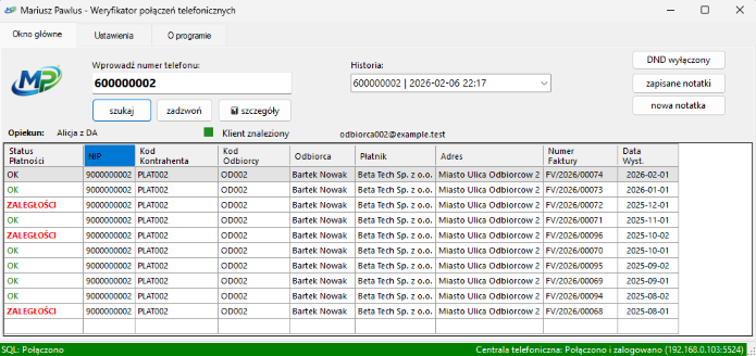 Widok główny MP Weryfikator — weryfikacja połączeń telefonicznych