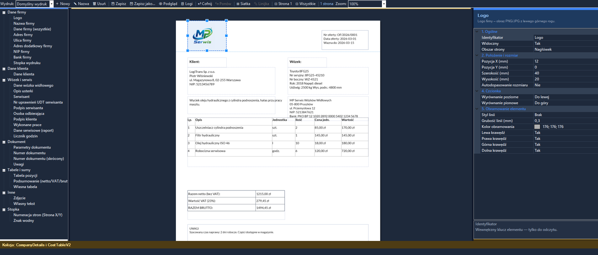 Edytor oferty naprawy PDF w programie MP Serwis do serwisu wózków